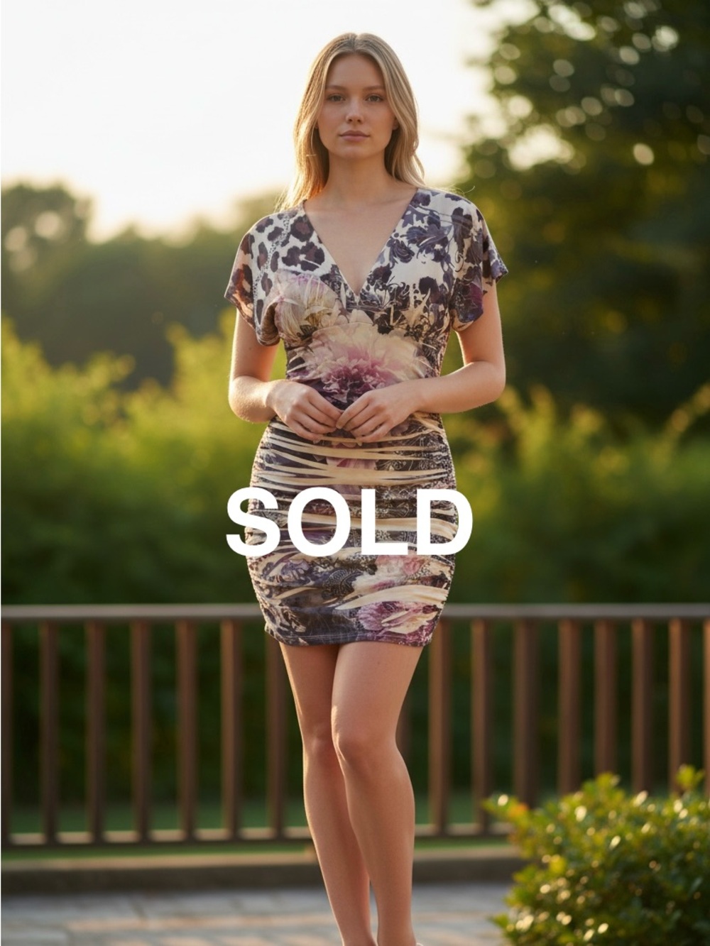 Body Central Olive and Brown Floral Ruched Short Sleeve Top